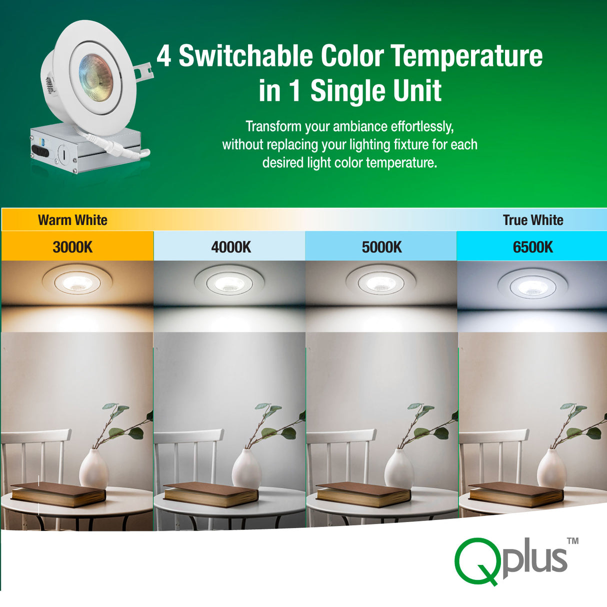 4 Inch Airtight Recessed LED Lighting, Gimbal, 4CCT Color Selectable from Wall Switch, Wet Rated