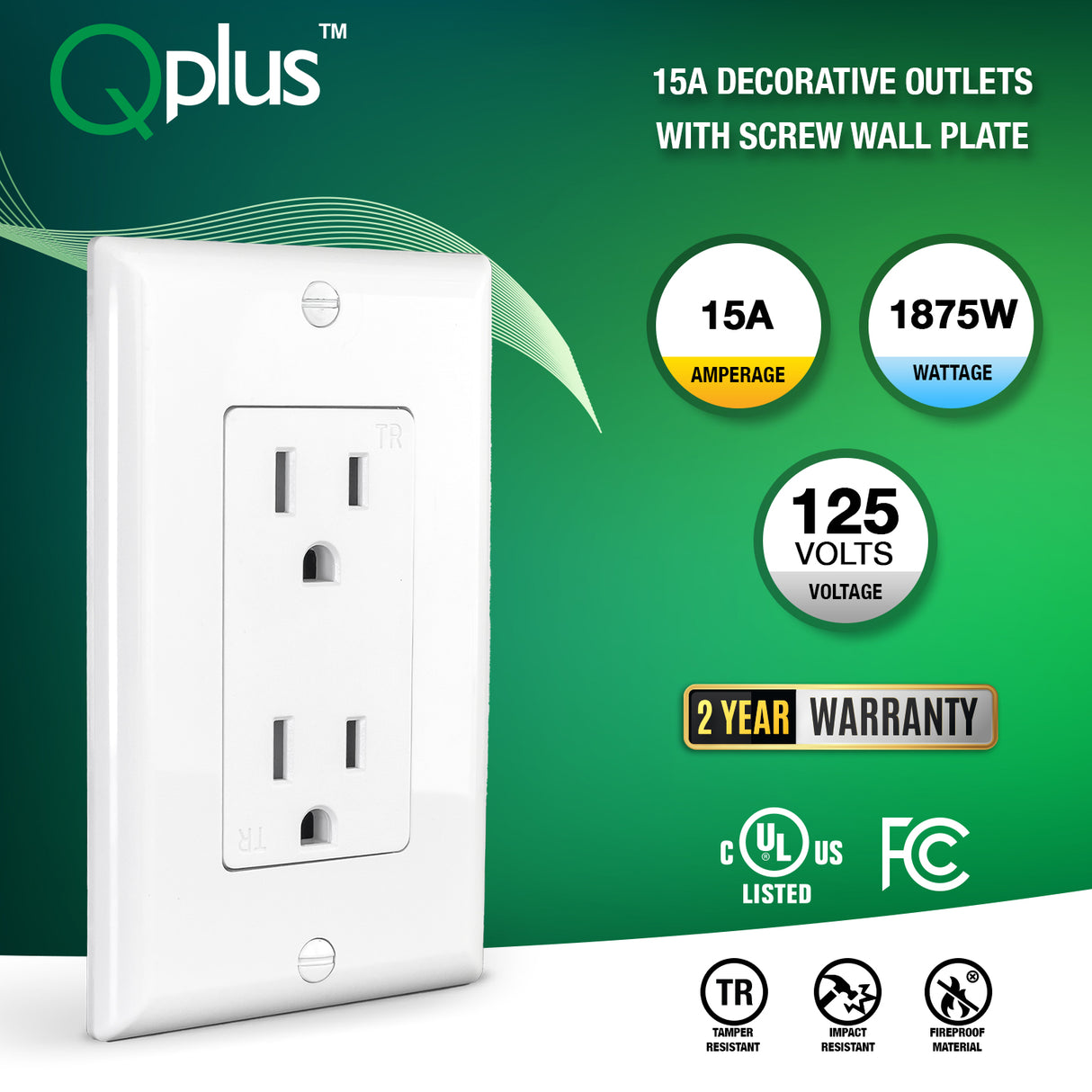 QPlus 15Amp Tamper Resistant Wall Outlet - UL Listed