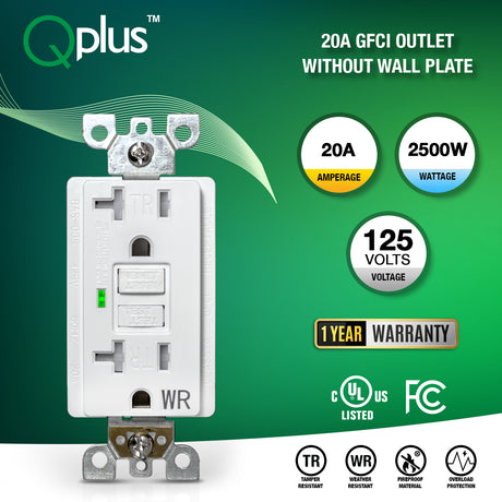 Tomacorriente GFCI QPlus de 20 amperios resistente a manipulaciones y al agua con indicador LED de 2500 W - Listado UL 