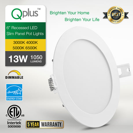 QPlus Luz LED empotrable delgada de 6 pulgadas con caja de conexiones de metal, 13 W, 1050 LM, CCT único, regulable, certificación Energy Star, certificación ETL, clasificación IC, ubicación húmeda, 5 años de garantía 