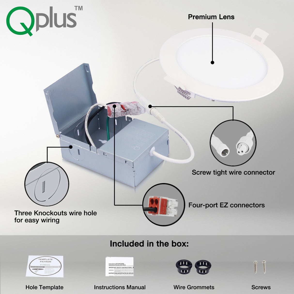 QPlus Luz LED empotrable delgada de 6 pulgadas con caja de conexiones de metal, 13 W, 1050 LM, CCT único, regulable, certificación Energy Star, certificación ETL, clasificación IC, ubicación húmeda, 5 años de garantía 