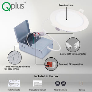 QPlus Luz LED empotrable delgada de 6 pulgadas con caja de conexiones de metal, 13 W, 1050 LM, CCT único, regulable, certificación Energy Star, certificación ETL, clasificación IC, ubicación húmeda, 5 años de garantía 