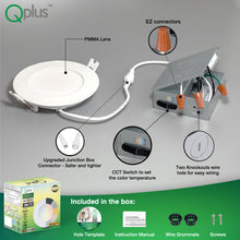 Load image into Gallery viewer, QPlus 4 Inch LED Recessed Slim Pot Light with the Metal Junction Box, 9W, 750LM, 5CCT(2700K/3000K/3500/4000K/5000K) Color Changeable, Twist Wire Connector, Dimmable, Energy Star Certified, ETL Listed, IC-Rated, Wet Rated, 5 Year Warranty