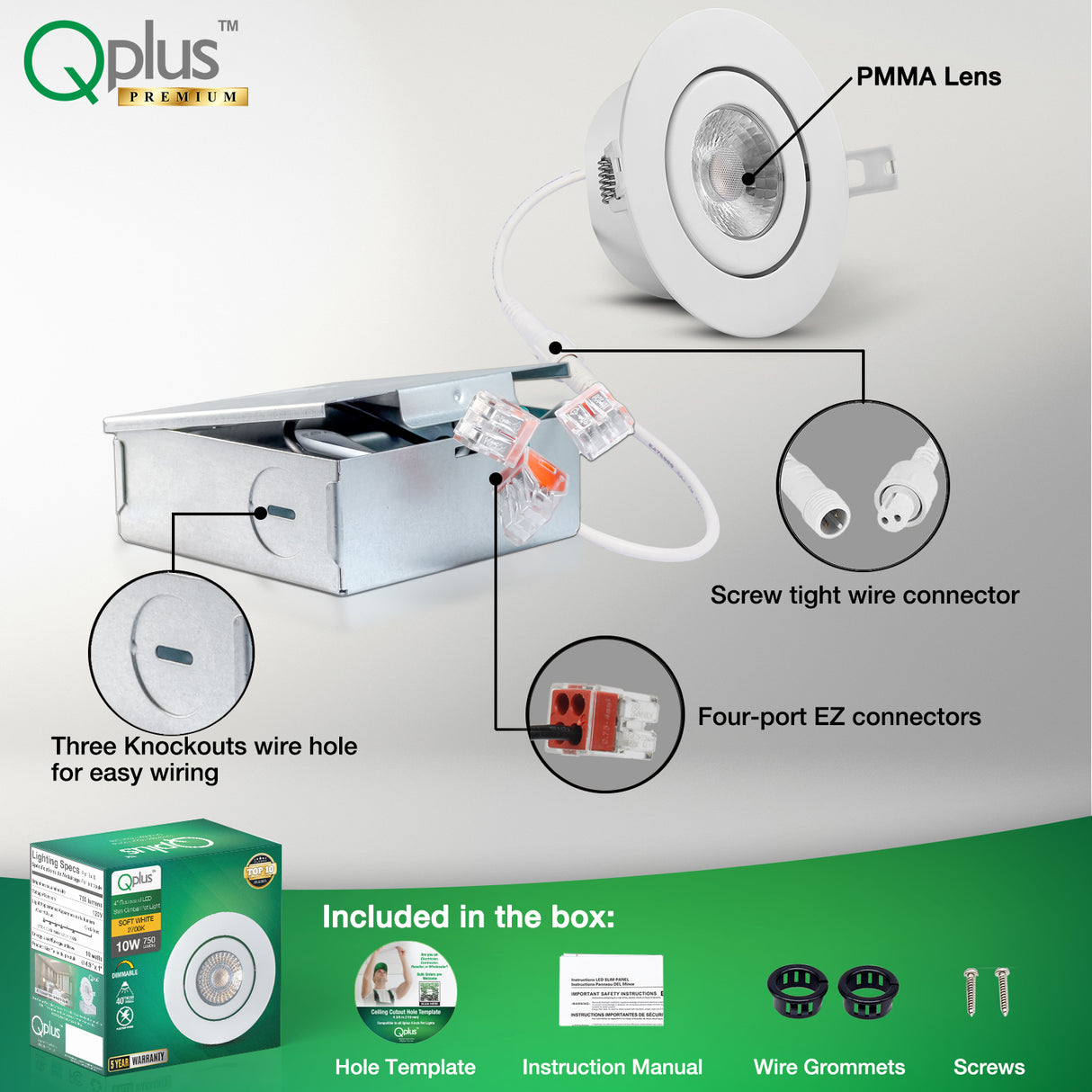 QPlus Luz LED empotrable tipo cardán hermético de 4 pulgadas con caja de conexiones de metal, 10 W, 750 lm, CCT único, regulable, certificación Energy Star, certificación ETL, clasificación IC, ubicación húmeda, 5 años de garantía 