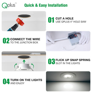 QPlus Luz LED empotrable tipo cardán hermético de 4 pulgadas con caja de conexiones de metal, 10 W, 750 lm, CCT único, regulable, certificación Energy Star, certificación ETL, clasificación IC, ubicación húmeda, 5 años de garantía 