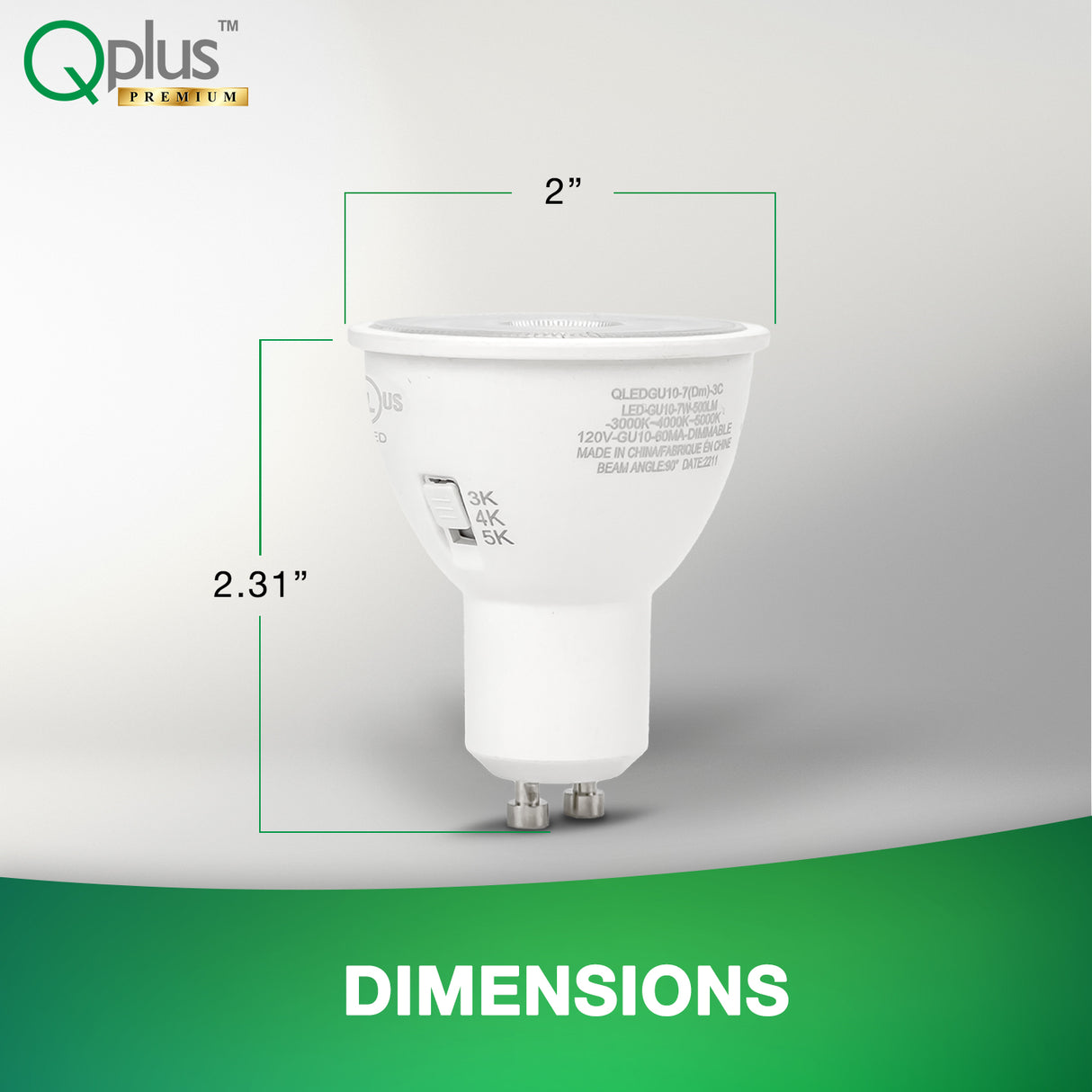 QPlus GU10 LED Track Light Bulb, 7W, 500LM, 3CCT(3000K/4000K/5000K), Beam Angle 90°, Dimmable, Energy Star Certified, UL Listed, 3 Year Warranty