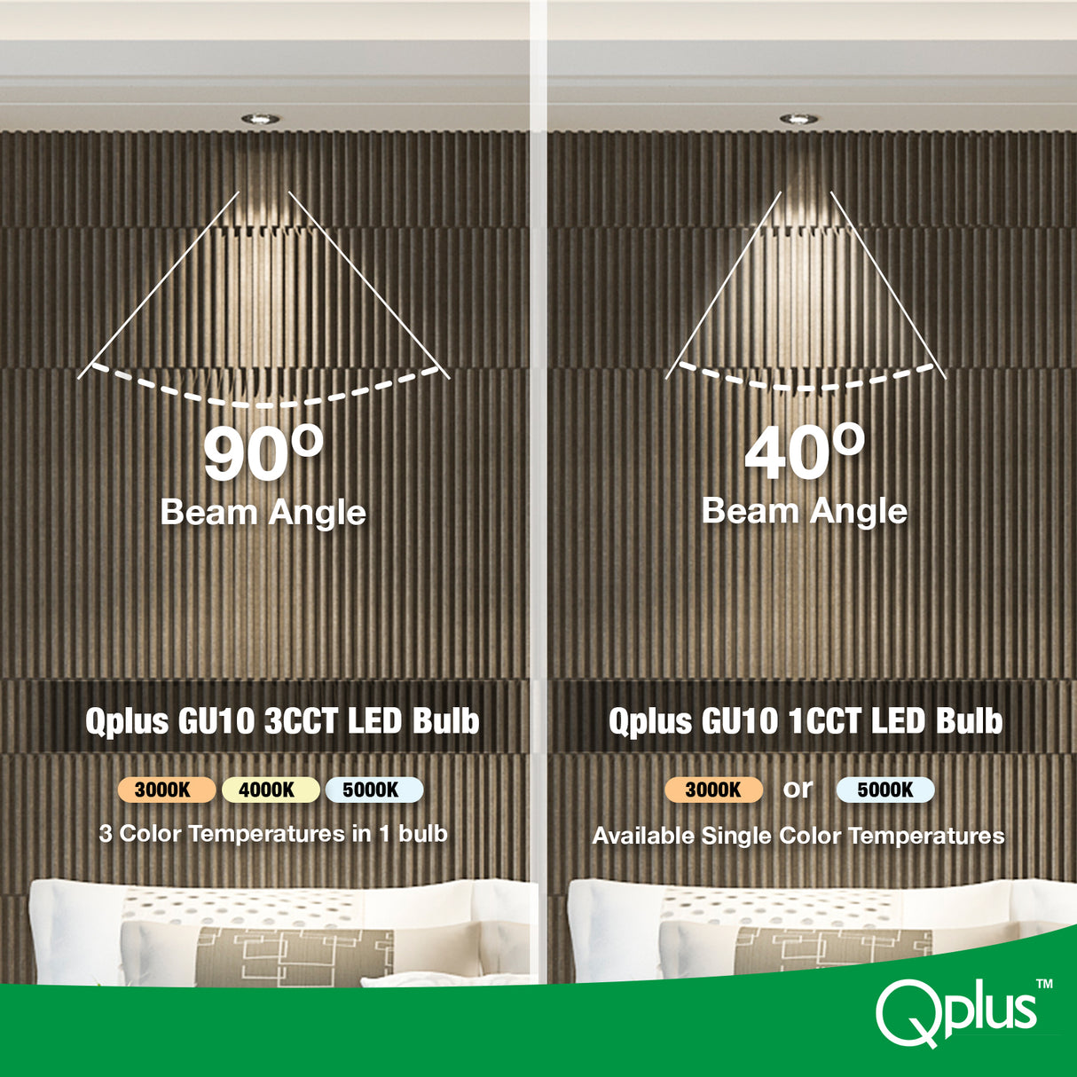 QPlus GU10 LED Track Light Bulb, 7W, 500LM, 3CCT(3000K/4000K/5000K), Beam Angle 90°, Dimmable, Energy Star Certified, UL Listed, 3 Year Warranty