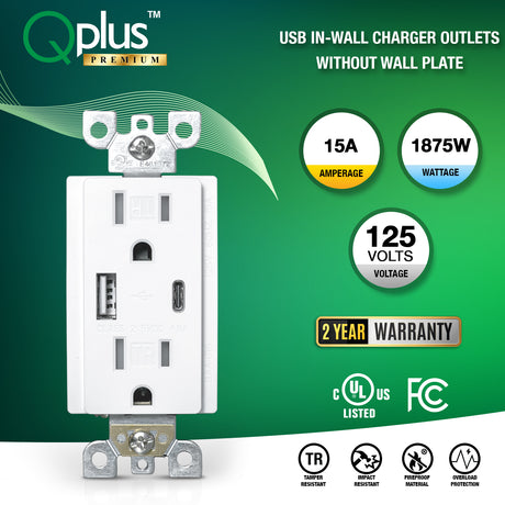 Receptáculo de pared QPLUS de 15 amperios tipo C y A, resistente a manipulaciones, 1875 W, listado por UL (placas de pared y tornillos incluidos)