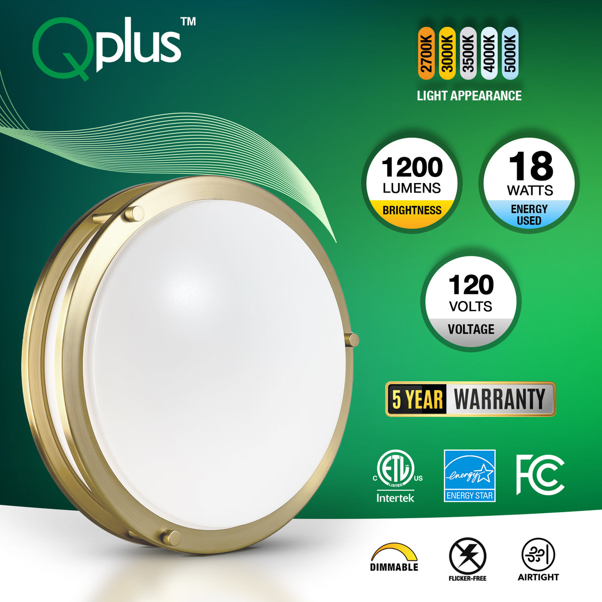 QPlus Luz de techo LED de montaje empotrado de 12 pulgadas, doble anillo 18 vatios 1200 lm, regulable en humedad 