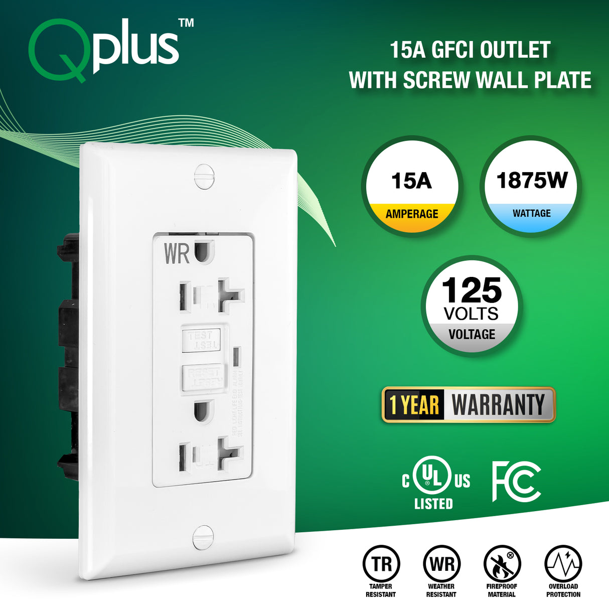 QPlus 15Amp Tamper & Water Resistant GFCI Receptacle Outlet with LED Indicator 1875W - UL Listed