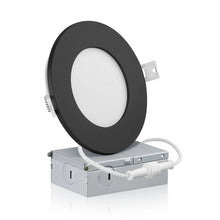 Load image into Gallery viewer, QPlus 4 Inch LED Recessed Slim Pot light with the Metal Junction Box, 10W, 750LM, Single CCT, Dimmable, Energy Star Certified, ETL Listed, IC-Rated, Damp Location, 5 Year Warranty, Black Trim