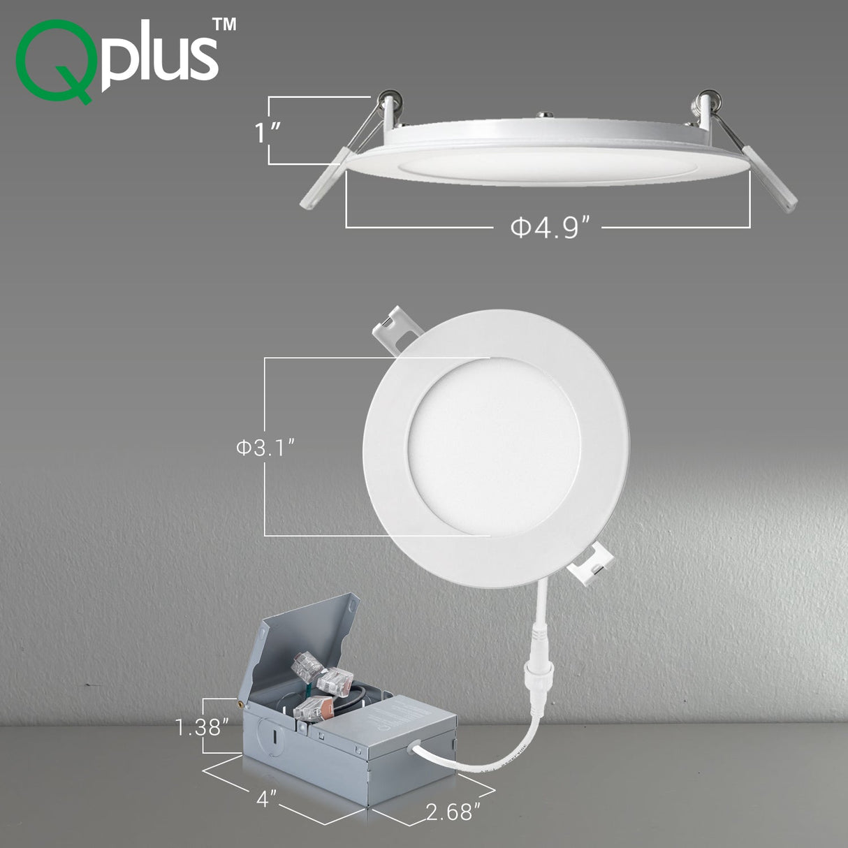 QPlus Luz LED empotrable delgada de 4 pulgadas con caja de conexiones de metal, 10 W, 750 lm, CCT único, regulable, certificación Energy Star, certificación ETL, clasificación IC, ubicación húmeda, 5 años de garantía, borde negro