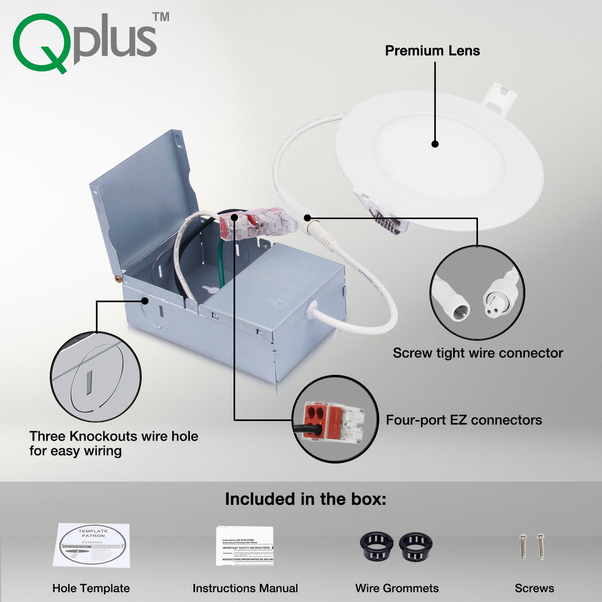 QPlus Luz LED empotrable delgada de 4 pulgadas con caja de conexiones de metal, 10 W, 750 lm, CCT único, regulable, certificación Energy Star, certificación ETL, clasificación IC, ubicación húmeda, 5 años de garantía, borde negro