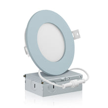 Load image into Gallery viewer, QPlus 4 Inch LED Recessed Slim Pot light with the Metal Junction Box, 10W, 750LM, Single CCT, Dimmable, Energy Star Certified, ETL Listed, IC-Rated, Damp Location, 5 Year Warranty, Blue Trim