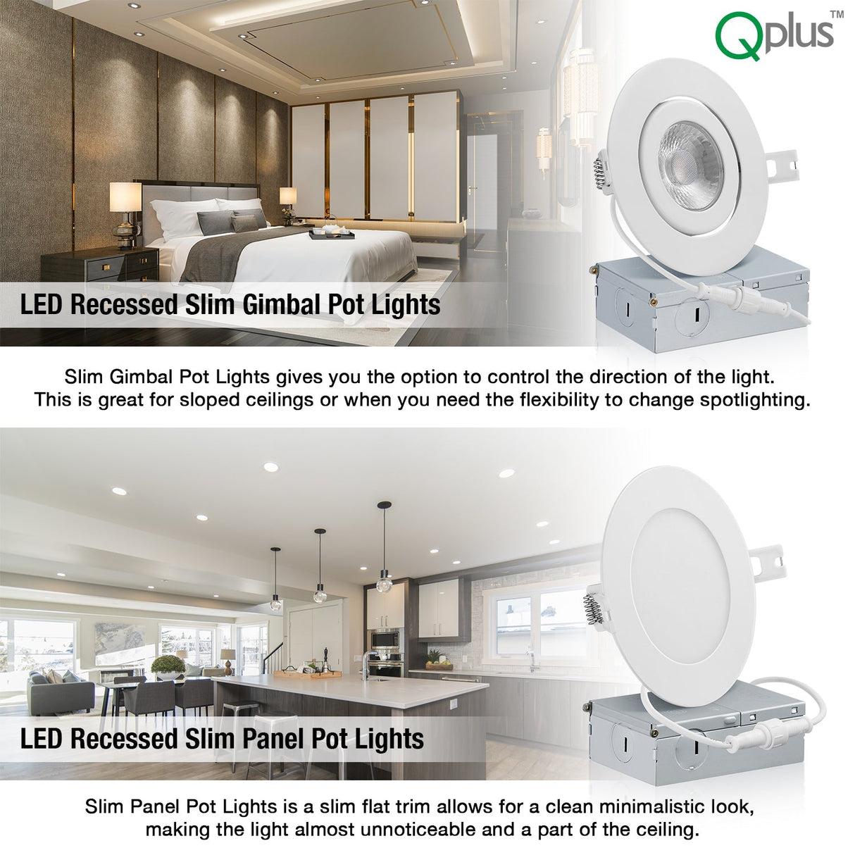 QPlus Luz LED empotrable delgada de 4 pulgadas con caja de conexiones de metal, 10 W, 750 lm, CCT único, regulable, certificación Energy Star, certificación ETL, clasificación IC, ubicación húmeda, 5 años de garantía, color blanco