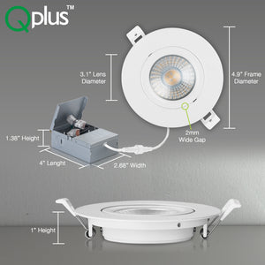 QPlus Luz LED empotrable tipo cardán de 4 pulgadas con caja de conexiones de metal, espacio estrecho, 10 W, 750 lm, CCT único, regulable, certificación Energy Star, certificación ETL, clasificación IC, ubicación húmeda, 5 años de garantía