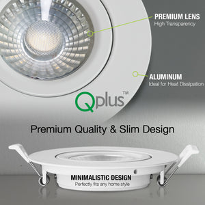 QPlus Luz LED empotrable tipo cardán de 4 pulgadas con caja de conexiones de metal, espacio estrecho, 10 W, 750 lm, CCT único, regulable, certificación Energy Star, certificación ETL, clasificación IC, ubicación húmeda, 5 años de garantía