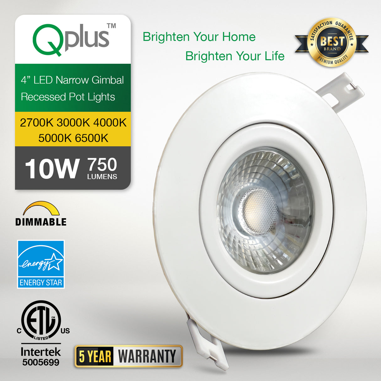 QPlus Luz LED empotrable tipo cardán de 4 pulgadas con caja de conexiones de metal, espacio estrecho, 10 W, 750 lm, CCT único, regulable, certificación Energy Star, certificación ETL, clasificación IC, ubicación húmeda, 5 años de garantía