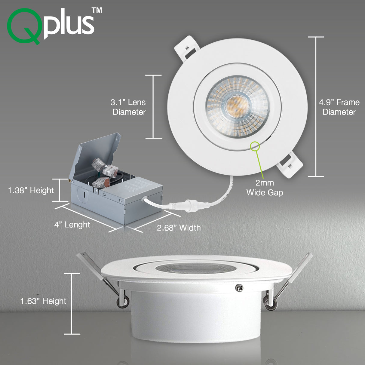 QPlus Luz LED empotrable tipo cardán hermético de 4 pulgadas con caja de conexiones de metal, espacio estrecho, 10 W, 750 lm, CCT único, regulable, certificación Energy Star, certificación ETL, clasificación IC, ubicación húmeda, 5 años de garantía