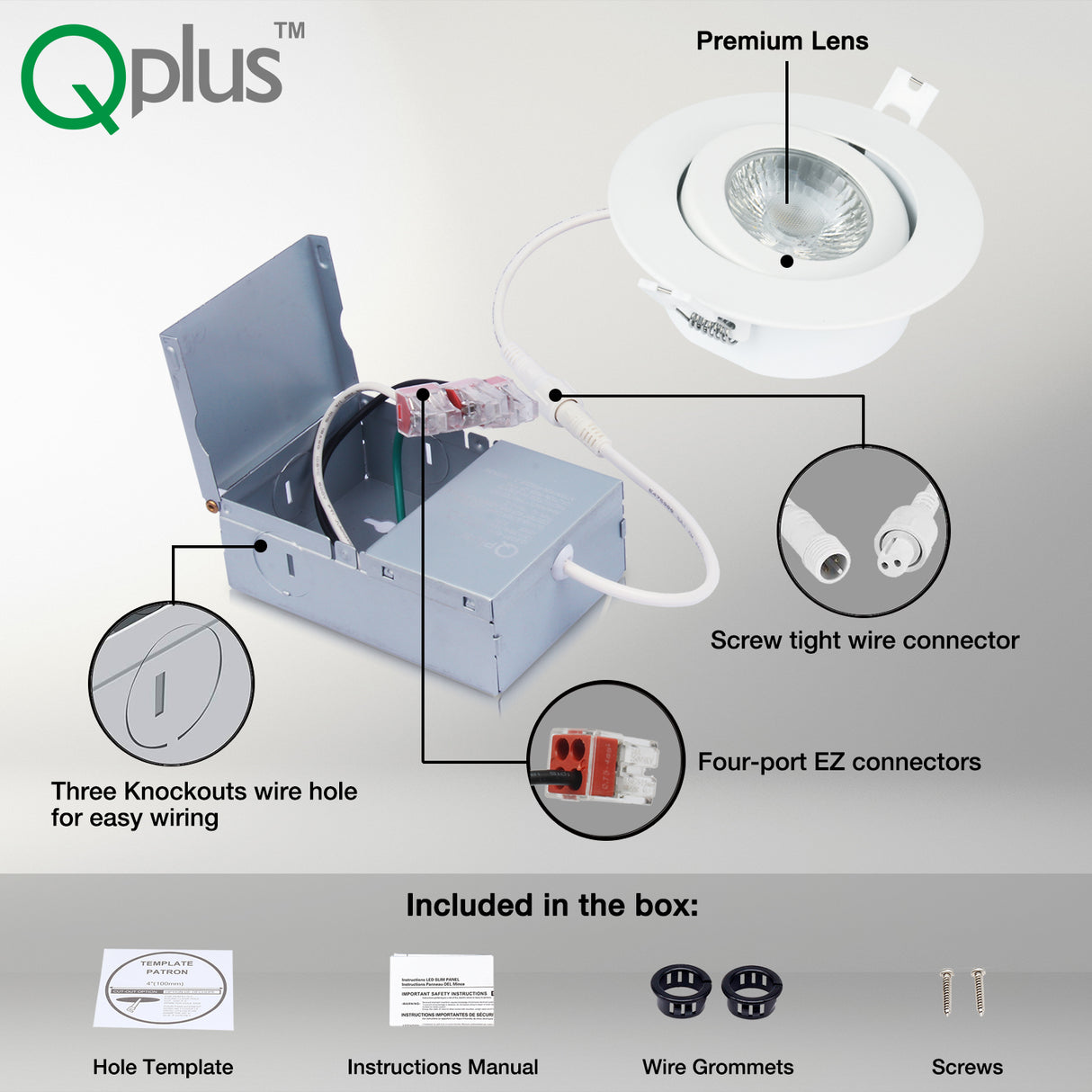 QPlus Luz LED empotrable tipo cardán hermético de 4 pulgadas con caja de conexiones de metal, espacio estrecho, 10 W, 750 lm, CCT único, regulable, certificación Energy Star, certificación ETL, clasificación IC, ubicación húmeda, 5 años de garantía