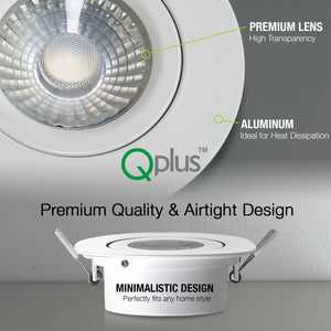 QPlus Luz LED empotrable tipo cardán hermético de 4 pulgadas con caja de conexiones de metal, espacio estrecho, 10 W, 750 lm, CCT único, regulable, certificación Energy Star, certificación ETL, clasificación IC, ubicación húmeda, 5 años de garantía