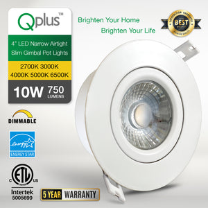 QPlus Luz LED empotrable tipo cardán hermético de 4 pulgadas con caja de conexiones de metal, espacio estrecho, 10 W, 750 lm, CCT único, regulable, certificación Energy Star, certificación ETL, clasificación IC, ubicación húmeda, 5 años de garantía