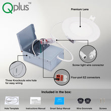 Load image into Gallery viewer, QPlus 4 Inch Smart LED Recessed Slim Pot light (WiFi-No Hub) w/the Metal Junction Box, 10W, 750LM, RGB 16million colors &amp; Tunable White 2700K to 6500K, Dimmable, Energy Star Cert., ETL Listed, Wet Rated, Works w/ Alexa &amp; Google Assistant, 5 Yr Warranty