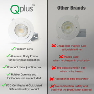 QPlus Luz LED empotrable Gimbal de 6 pulgadas con caja de conexiones de metal, 13 W, 1050 lm, CCT único, regulable, certificación Energy Star, certificación ETL, clasificación IC, ubicación húmeda, 5 años de garantía