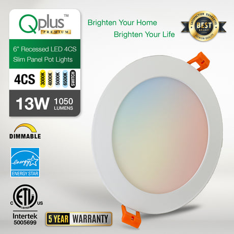 QPLUS Panel delgado de 6 pulgadas Empotrado Ajustable Temperatura multicolor LED Pot Light (Temperatura de color cambiable por el interruptor de pared) 