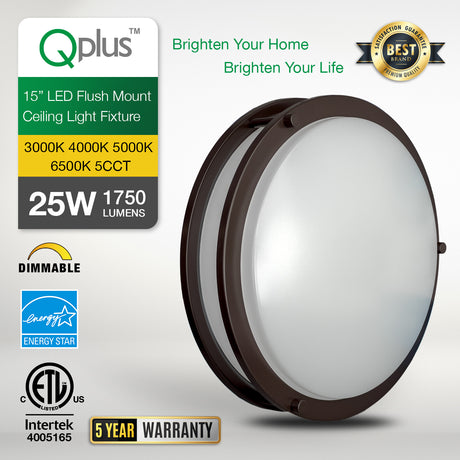 QPlus Luz de techo LED de montaje empotrado de 15 pulgadas, doble anillo 25 vatios 1750 lm, regulable en humedad 