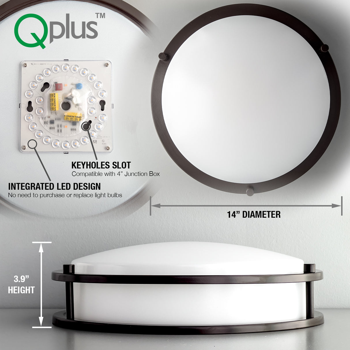 QPlus Luz de techo LED de montaje empotrado de 14 pulgadas, doble anillo 18 vatios 1750 lm, regulable en humedad 