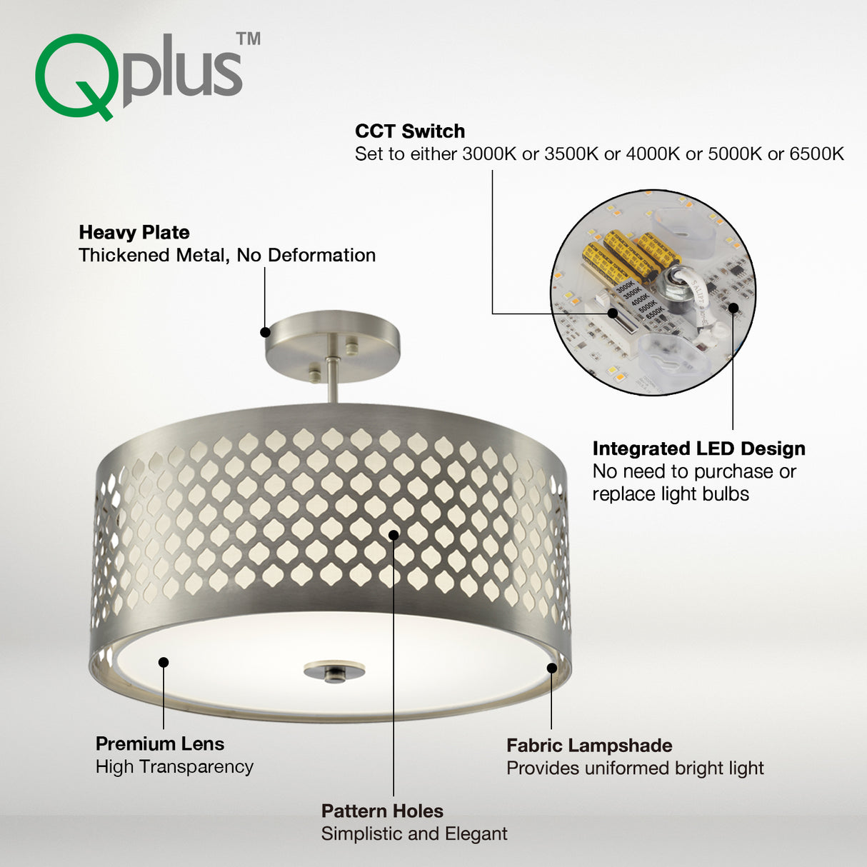 QPlus 16inch Elegant 5CCT Color Changing LED Semi Flush Mount Ceiling Light Fixture with Carving Drum Shade