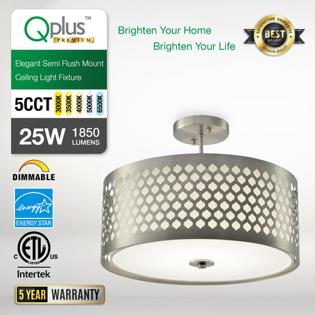 QPlus 16 pulgadas elegante 5CCT cambio de color LED montaje semiempotrado lámpara de techo con pantalla de tambor tallado 