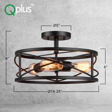 Load image into Gallery viewer, QPlus 14.25 Inch 2nd Gen  Vintage Semi Flush Mount Ceiling Light Fixture with 3 E26 Bulb Base -