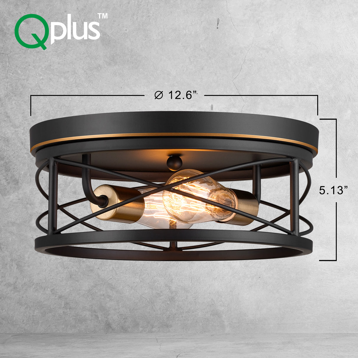 QPlus 12 Inch Vintage Flush Mount Ceiling Light Fixture with 2 E26 Bulb Base