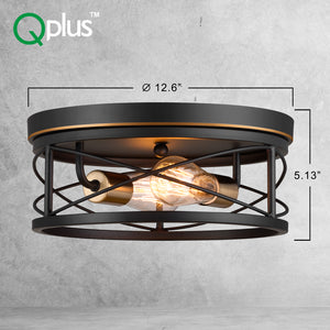 QPlus 12 Inch Vintage Flush Mount Ceiling Light Fixture with 2 E26 Bulb Base