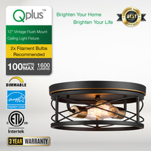 Load image into Gallery viewer, QPlus 12 Inch Vintage Flush Mount Ceiling Light Fixture with 2 E26 Bulb Base