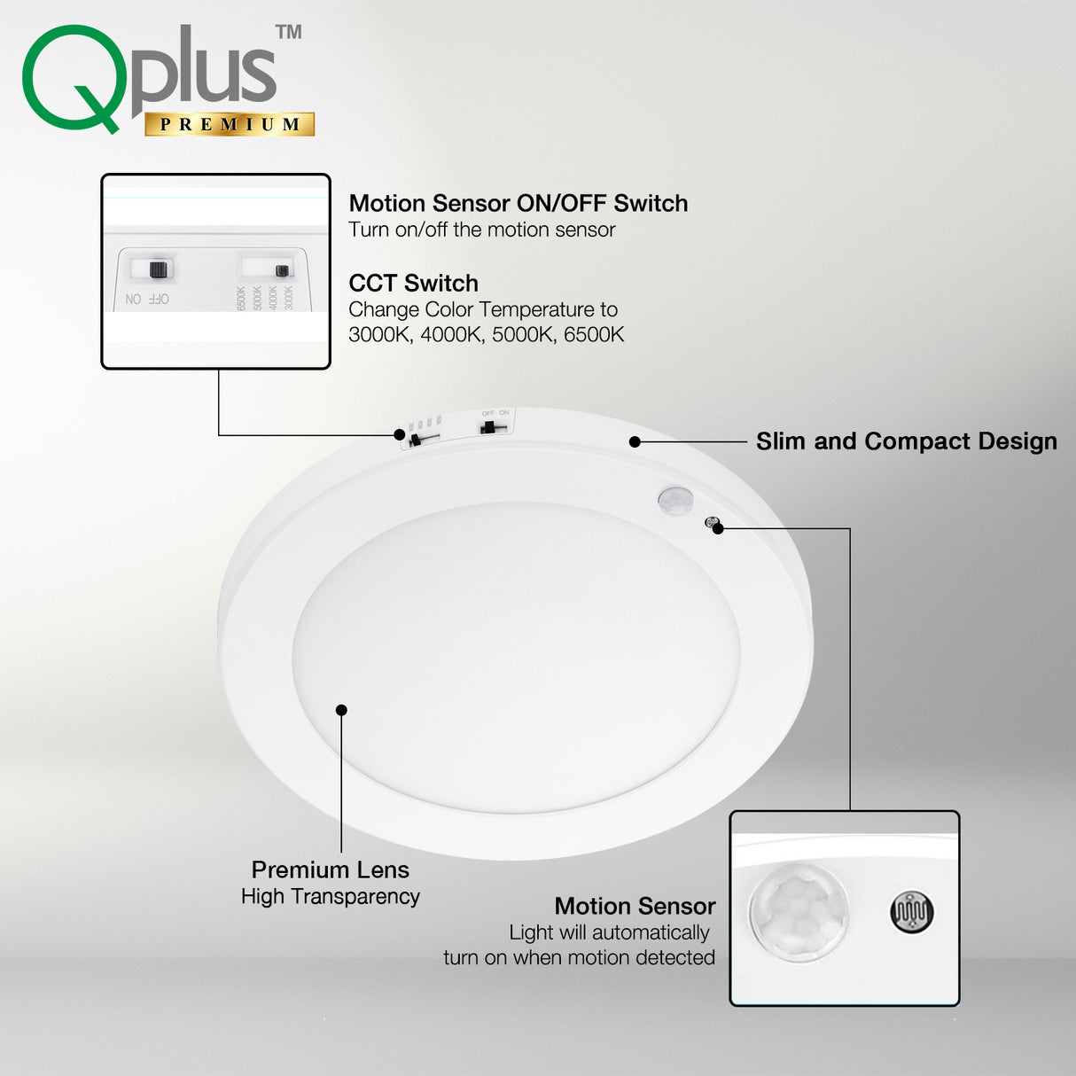 QPlus 9 pulgadas 4CCT ajustable temperatura multicolor LED sensor de movimiento montaje empotrado 16W (blanco, plata y bronce) 