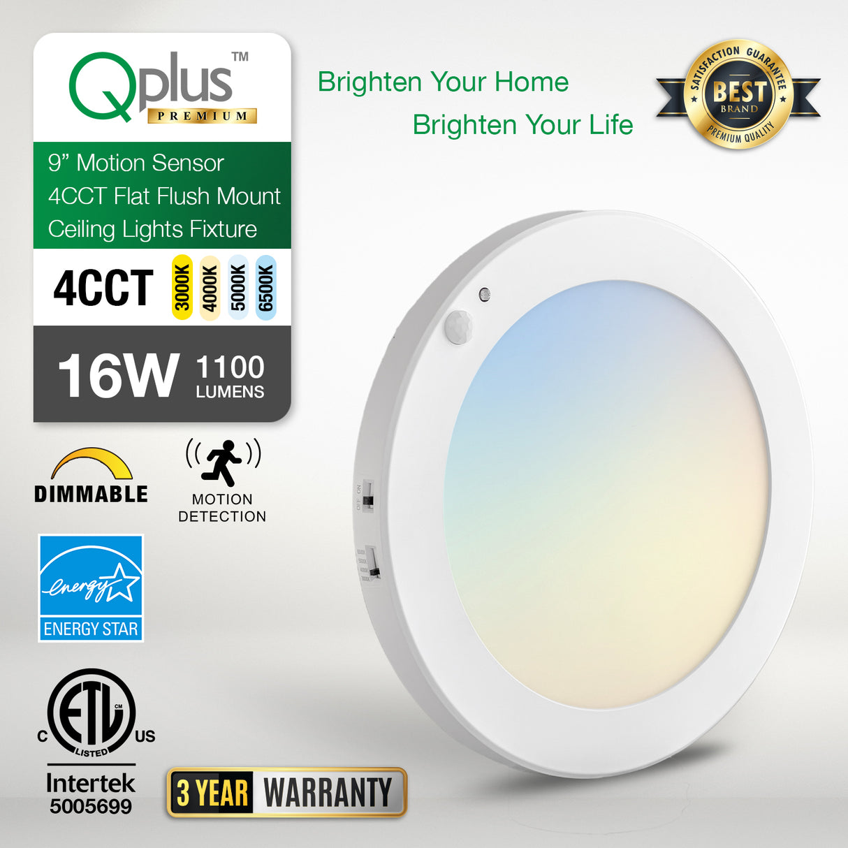 QPlus 9 Inch 4CCT Adjustable Multi Color Temperature LED Motion Sensor Flush Mount 16W (White, Silver & Bronze)