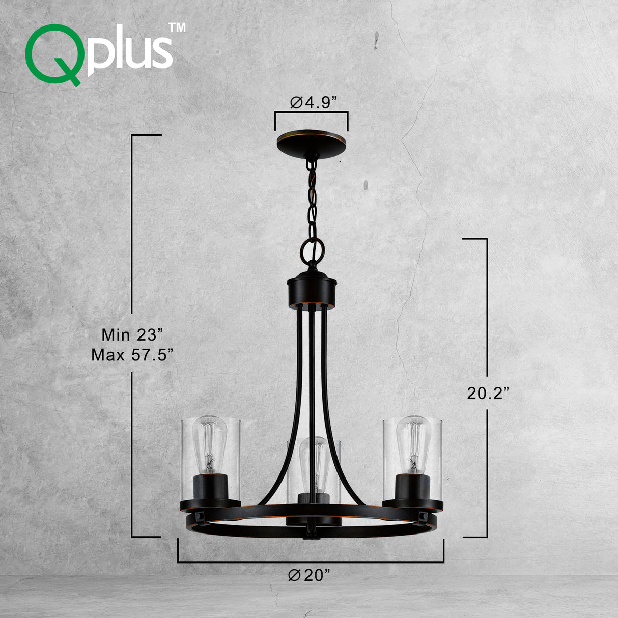 Qplus Lámpara colgante de araña redonda rústica de 3 luces con base de bombilla E26 y pantallas de vidrio transparente - Negro / Bronce 