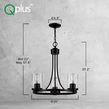 Load image into Gallery viewer, QPlus 3 Light Rustic Round Chandelier Pendant Lamp with E26 Bulb base &amp; Clear Glass Shades - Black / Bronze