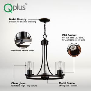 Qplus Lámpara colgante de araña redonda rústica de 3 luces con base de bombilla E26 y pantallas de vidrio transparente - Negro / Bronce 