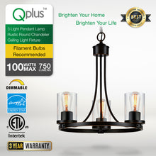 Load image into Gallery viewer, QPlus 3 Light Rustic Round Chandelier Pendant Lamp with E26 Bulb base &amp; Clear Glass Shades - Black / Bronze