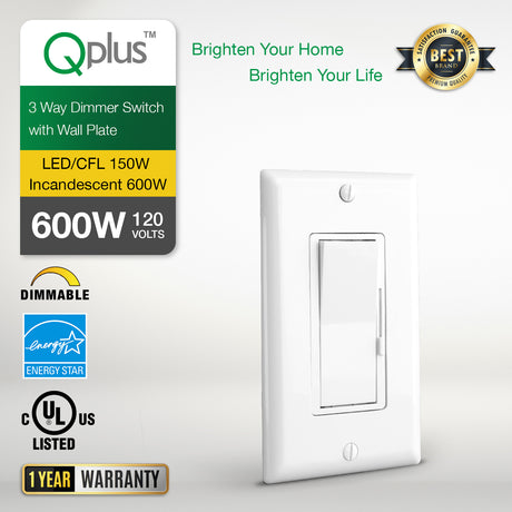 QPlus LED 3 Way Dimmer Switch with Wall Plate - cUL & FCC Certified