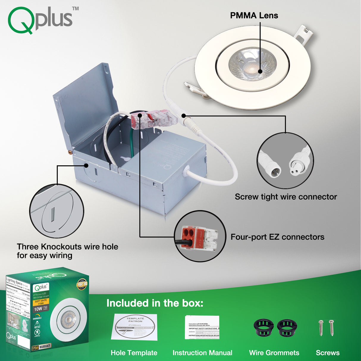 QPlus Luz LED empotrable Gimbal de 4 pulgadas con caja de conexiones de metal, 10 W, 750 lm, CCT único, regulable, certificación Energy Star, certificación ETL, clasificación IC, ubicación húmeda, 5 años de garantía 