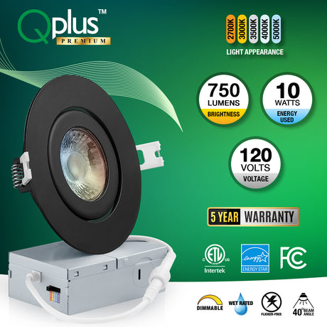 QPlus - Luz hermética para potenciómetro de cardán de 4 pulgadas - Luz LED empotrable giratoria y regulable - Temperatura de varios colores (cambio de color)