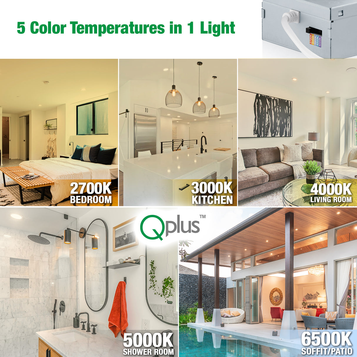 QPlus - Luz hermética para potenciómetro de cardán de 4 pulgadas - Luz LED empotrable giratoria y regulable - Temperatura de varios colores (cambio de color)