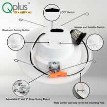 Load image into Gallery viewer, QPlus 5/6 Inch LED Retrofit Airtight Downlight, with Bluetooth Speaker, 4 Inch, 15W, 900LM, 4CCT (3000K/4000K/5000K/6500K), Beam Angle 140°, Dimmable, Energy Star Certified, ETL Listed, IC-Rated, Wet Rated, 5 Year Warranty, White Trim
