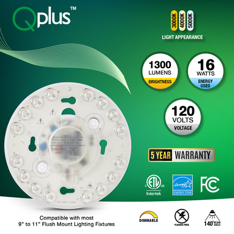 QPlus LED Circular Module Panel, Replacement Light, 5 Inch, 16W, 1300LM, 1CCT(3000K/4000K/5000K), Dimmable, Compatible with 9-11 Inch Flush Mount Lighting Fixtures, Energy Star Certified, ETL Listed, 5 Year Warranty