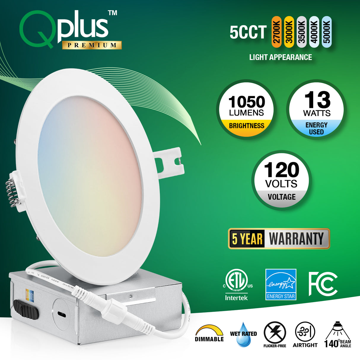 QPLUS Panel delgado de 6 pulgadas Empotrado Ajustable Temperatura multicolor LED Pot Light (Temperatura de color cambiable por el interruptor de pared) 